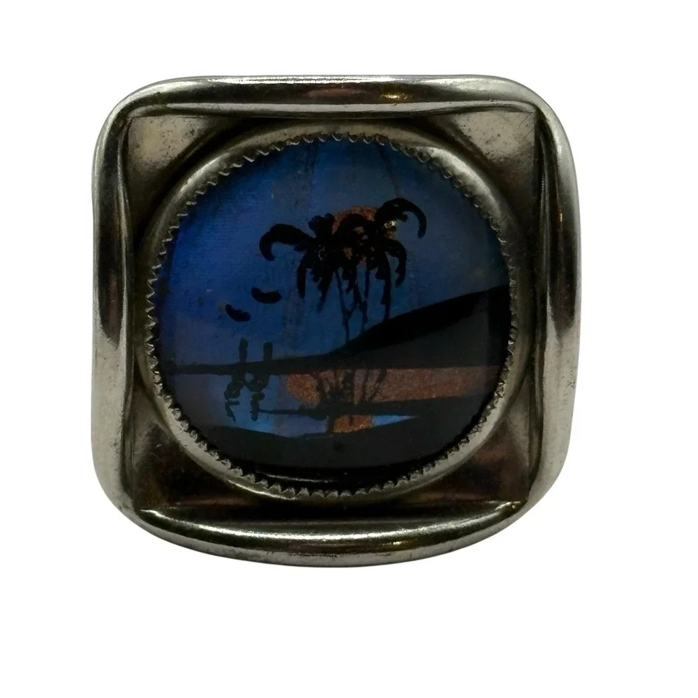 Tropical Island Cufflinks Beach Theme Vacation Vintage Silver‎ Tone Palm Trees